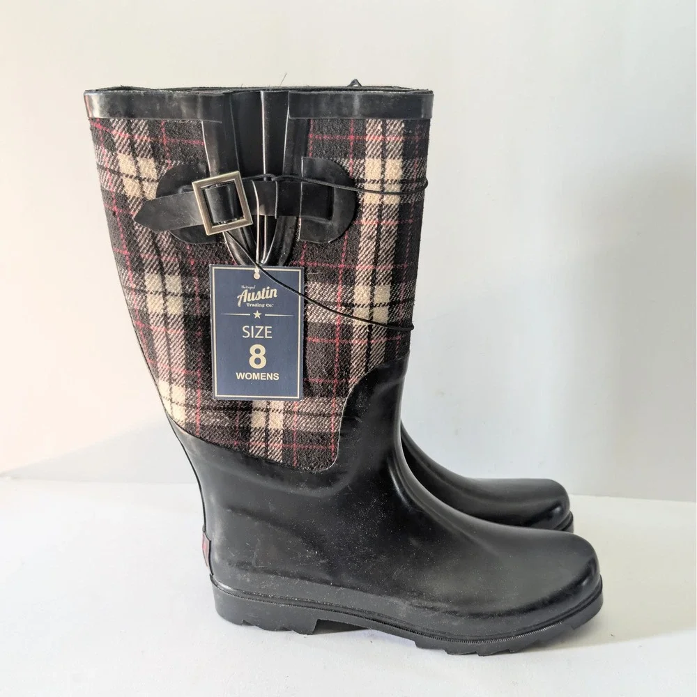 Austin Trading Co Womens Plaid Rubber Rain Boots Black Red White Size 8 NWT